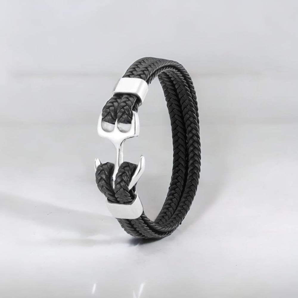 Bracelet homme cordons cuir tresse noir ancre acier