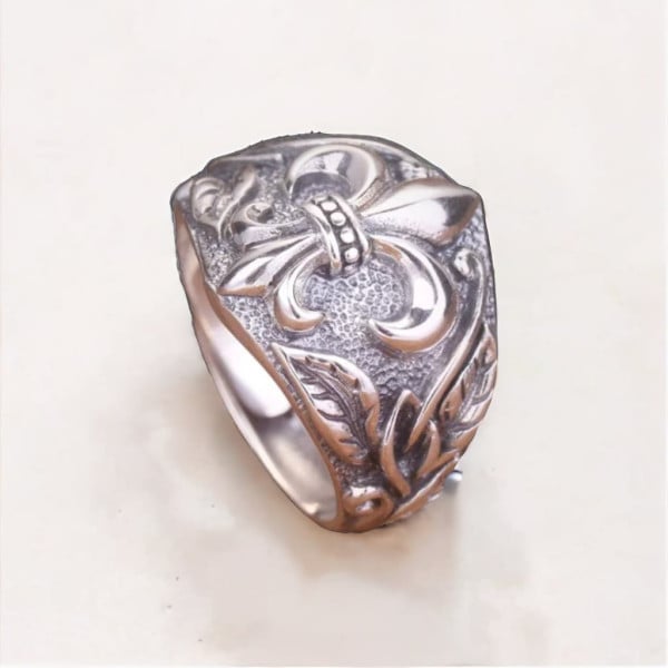 Men's Sterling Silver Adjustable Open Fleur de lys Biker Ring
