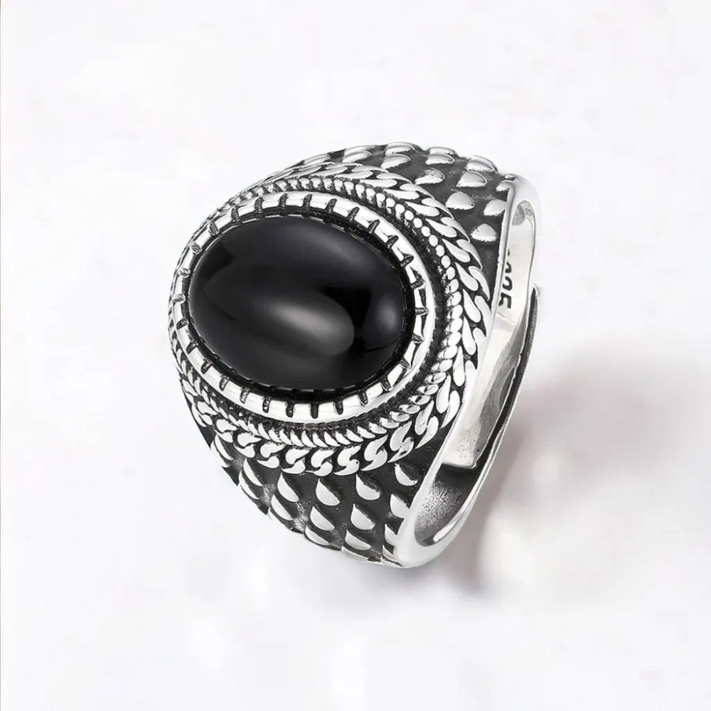 Bague argent ouvert chevaliere homme onyx ovale noire