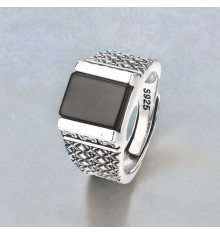 Men's open silver signet ring with black square onyx