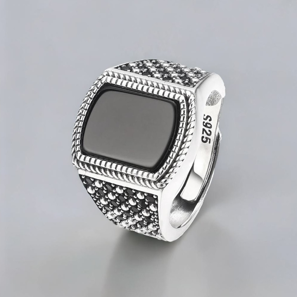 Bague argent ouvert chevalière homme onyx noire