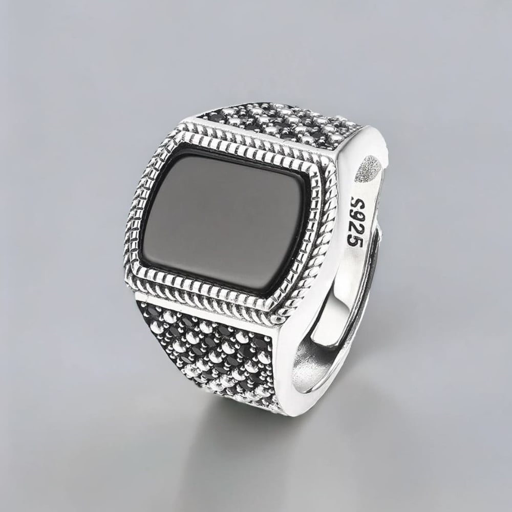 Bague argent ouvert chevalière homme onyx noire