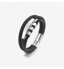 Customizable men's leather bracelet with multi-line steel curb chain