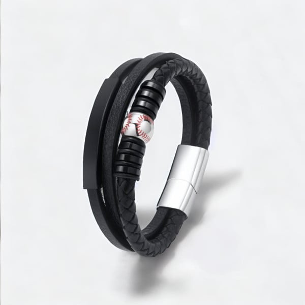 Customizable Black Leather Football Bracelet for Men