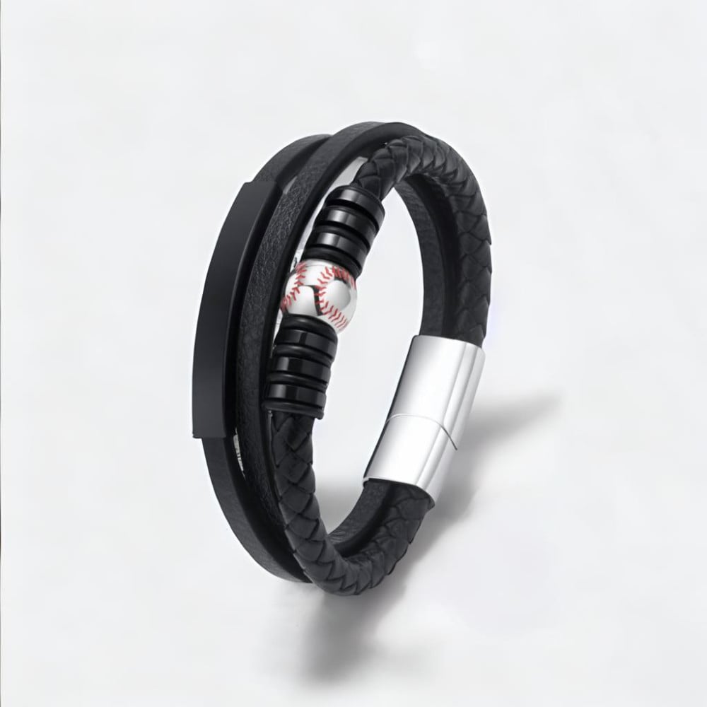 Bracciale Uomo in Pelle Nera con Pallone da Calcio Personalizzabile