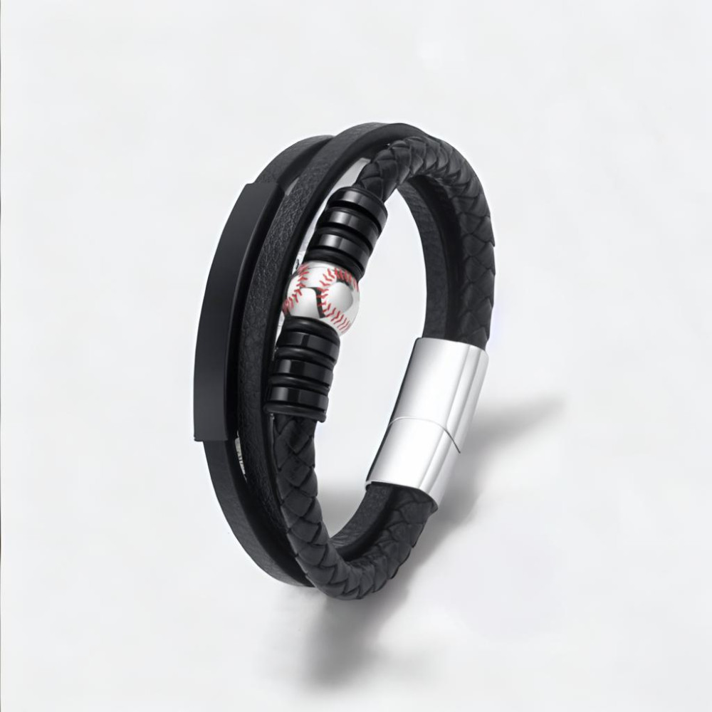 Bracelet homme cuir noir ballon football personnalisable