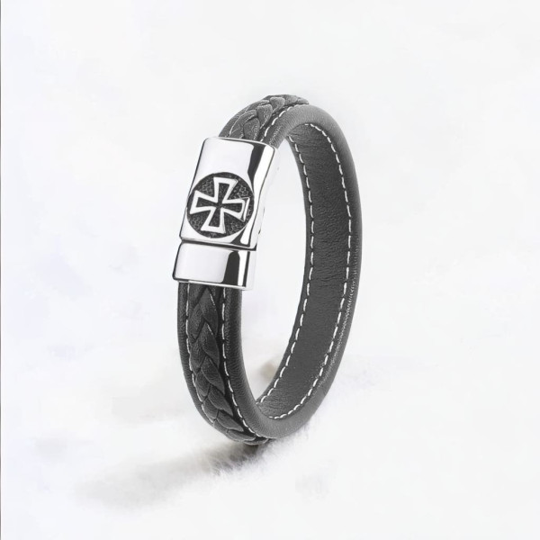 Bracciale da uomo in pelle intrecciata con chiusura in acciaio a croce di malta