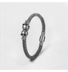 Bracciale da uomo in pelle intrecciata con teschio in acciaio nero