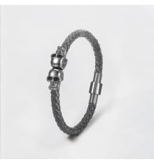 Bracelet homme cuir tresse tete de mort acier noir