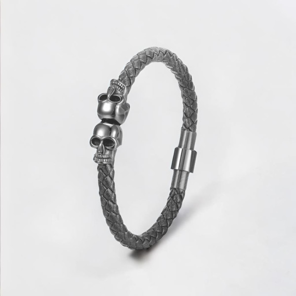 Bracelet homme cuir tresse tete de mort acier noir