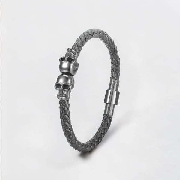Bracelet homme cuir tresse tete de mort acier noir