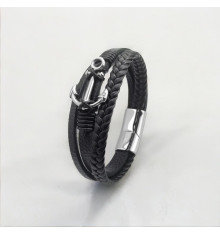 Bracciale da uomo in pelle nera multi nastro con ancora blu scuro e acciaio