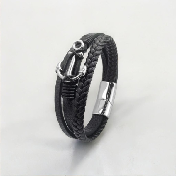 Bracciale da uomo in pelle nera multi nastro con ancora blu scuro e acciaio