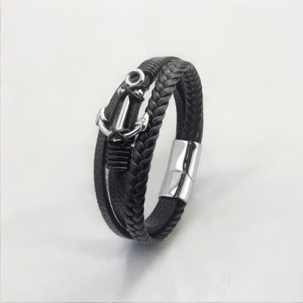 Bracelet homme cuir multi ruban noir ancre marine acier