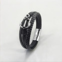 Pulsera para hombre de cuero multicinta negra con ancla azul marino y acero