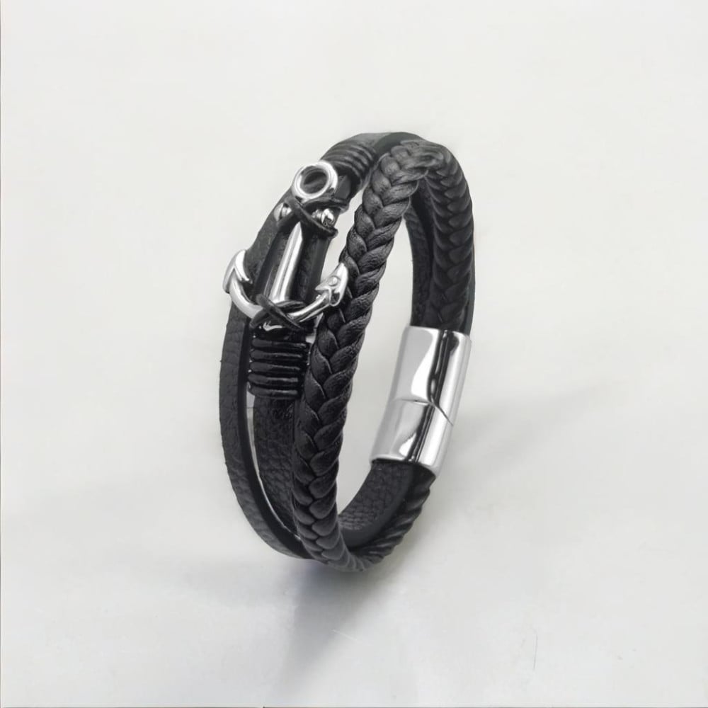 Bracciale da uomo in pelle nera multi nastro con ancora blu scuro e acciaio