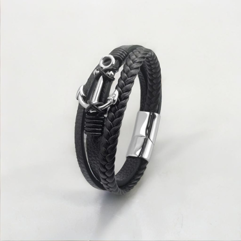 Bracelet homme cuir multi ruban noir ancre marine acier