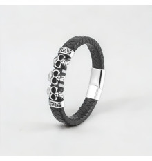 Bracciale da uomo in acciaio con teschio biker in pelle intrecciata nera