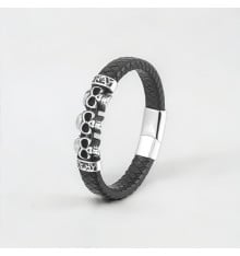 Bracelet homme cuir tresse noir biker tete de mort acier