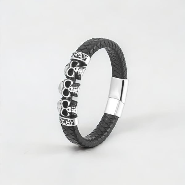 Bracelet homme cuir tresse noir biker tete de mort acier