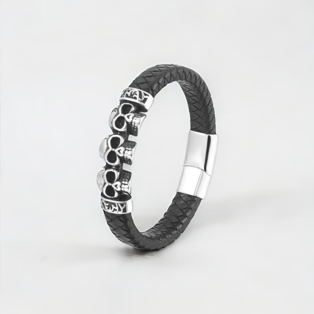 Pulsera de acero con calavera biker de cuero trenzado negro para hombre
