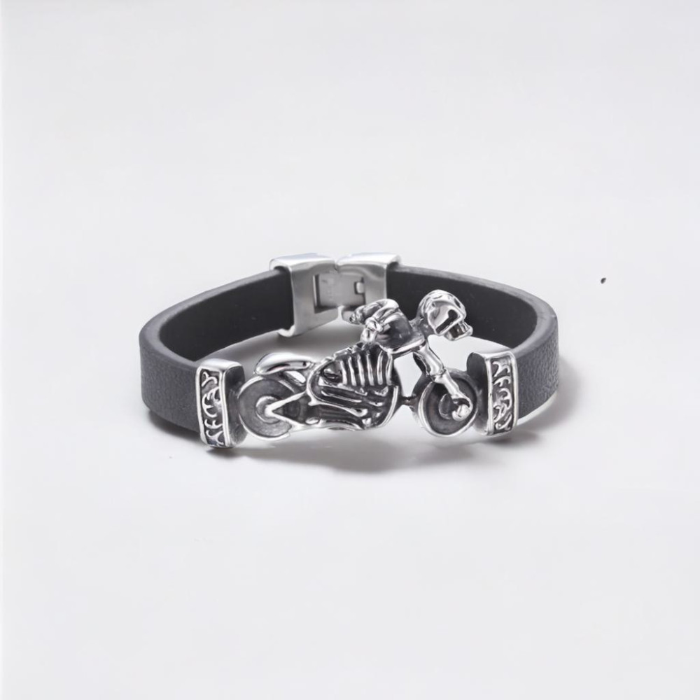 Black Leather Stainless Steel biker skeleton Bracelet