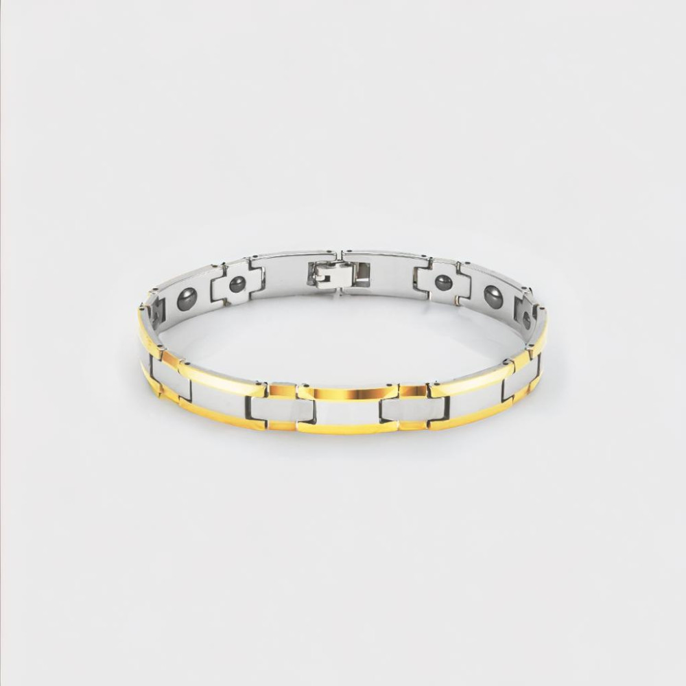 Pulsera magnética de tungsteno para hombre con borde chapado en oro.