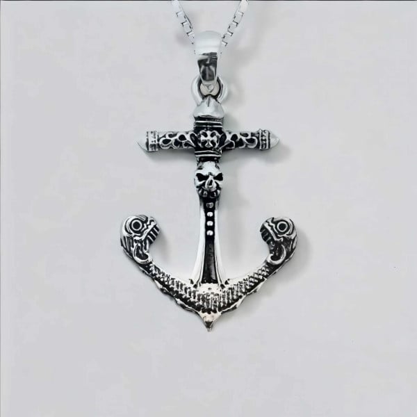 Pendentif argent 925 ancre viking pirate tete de mort