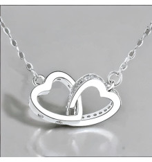 Double heart necklace pendant in rhodium zirconium silver