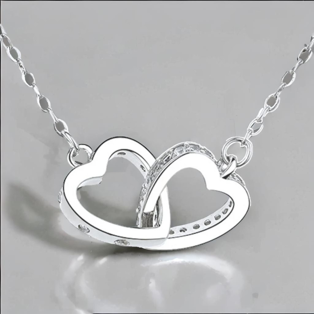 Pendentif collier double coeur en argent rhodie zirconium