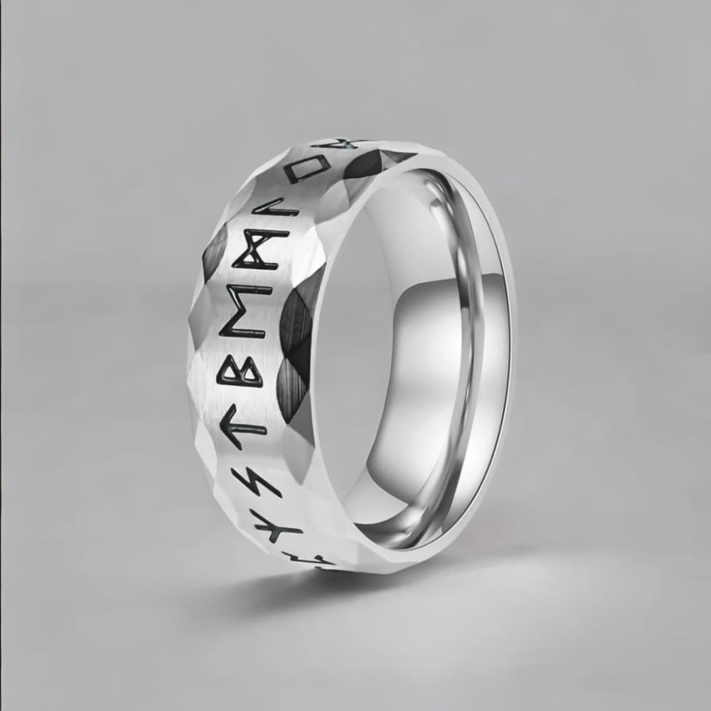 Bague homme anneau acier runes viking