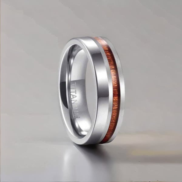 Anillo de boda personalizable de titanio con línea de madera para grabar