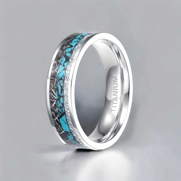 Customizable Wedding Ring in Titanium and Turquoise, Engraving Available