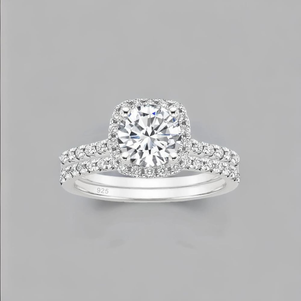 Bague de fiançailles femme double anneau argent zirconium