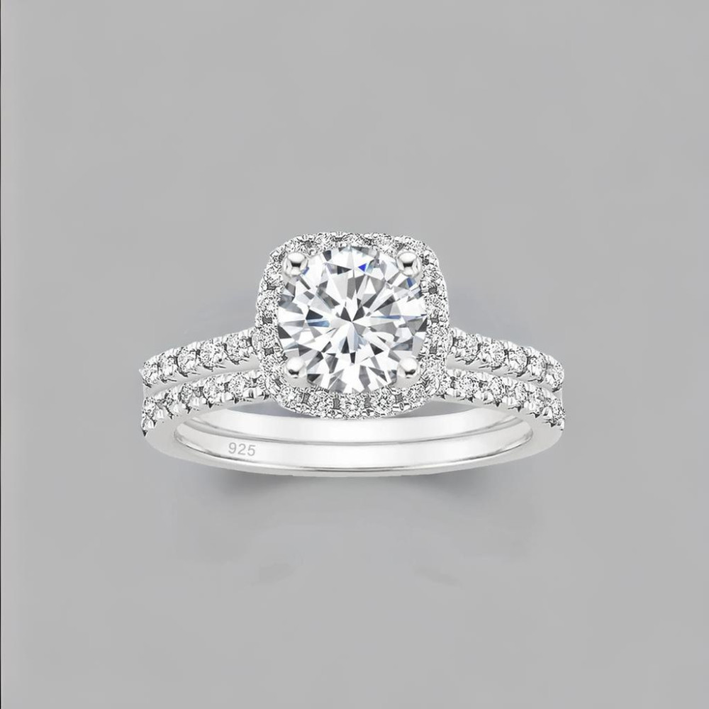 Bague de fiançailles femme double anneau argent zirconium