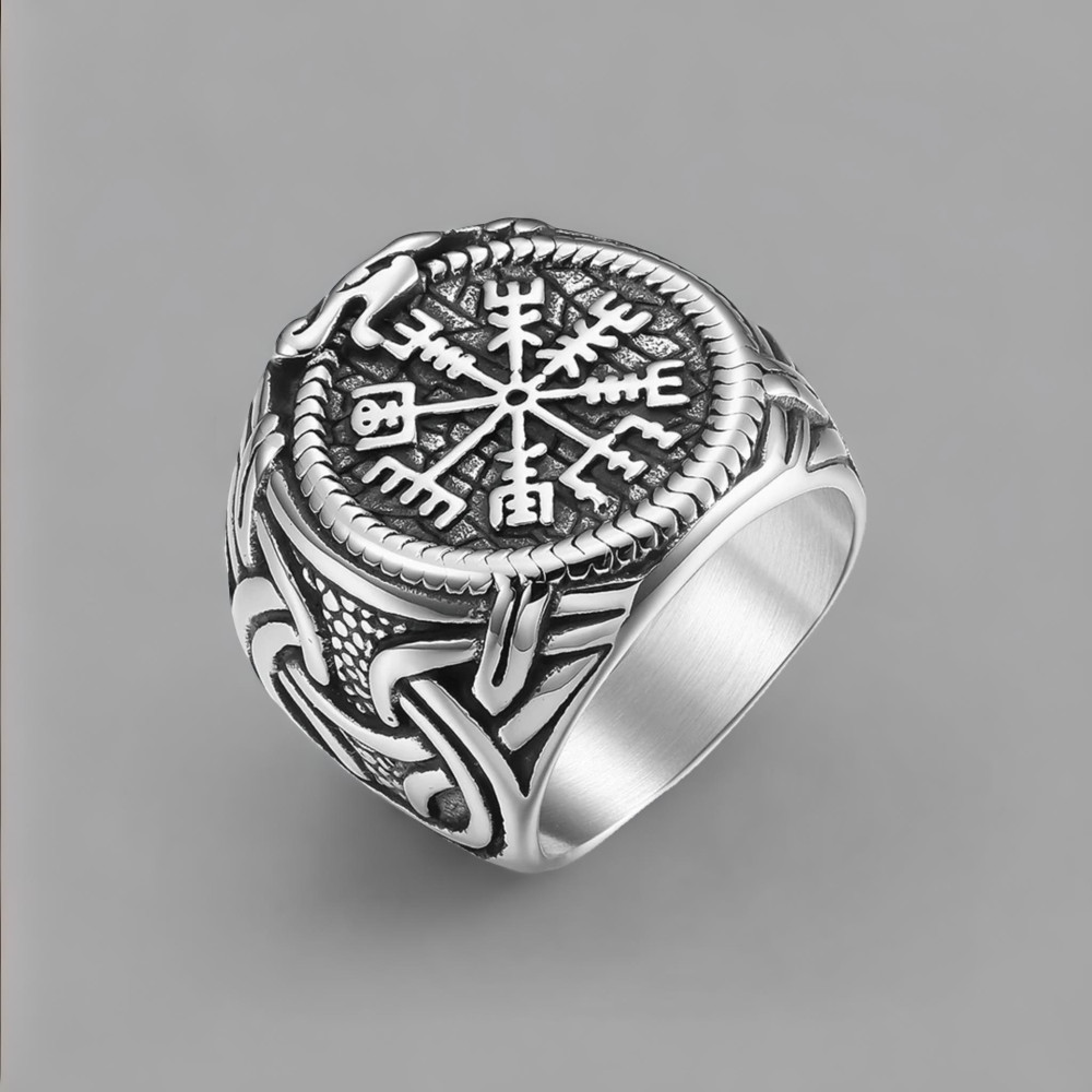 Bague homme acier chevalière runes viking celtique