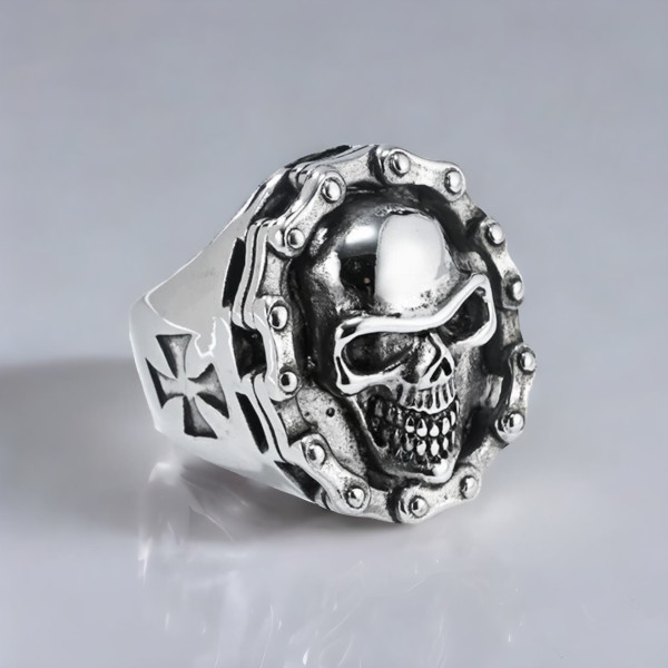 Bague chevaliere homme acier tete de mort chaine moto (Dupliqué)