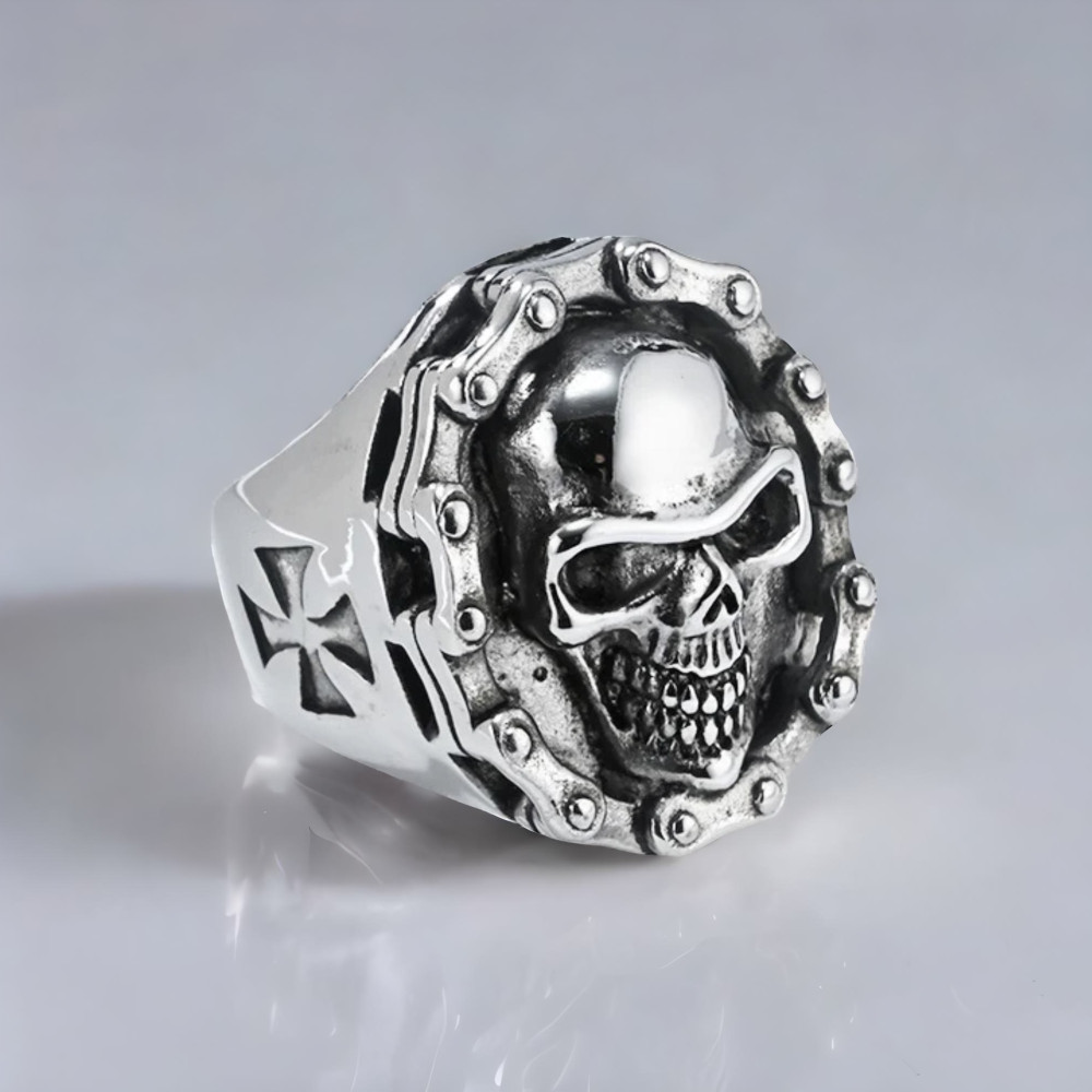 Bague chevaliere homme acier tete de mort chaine moto (Dupliqué)