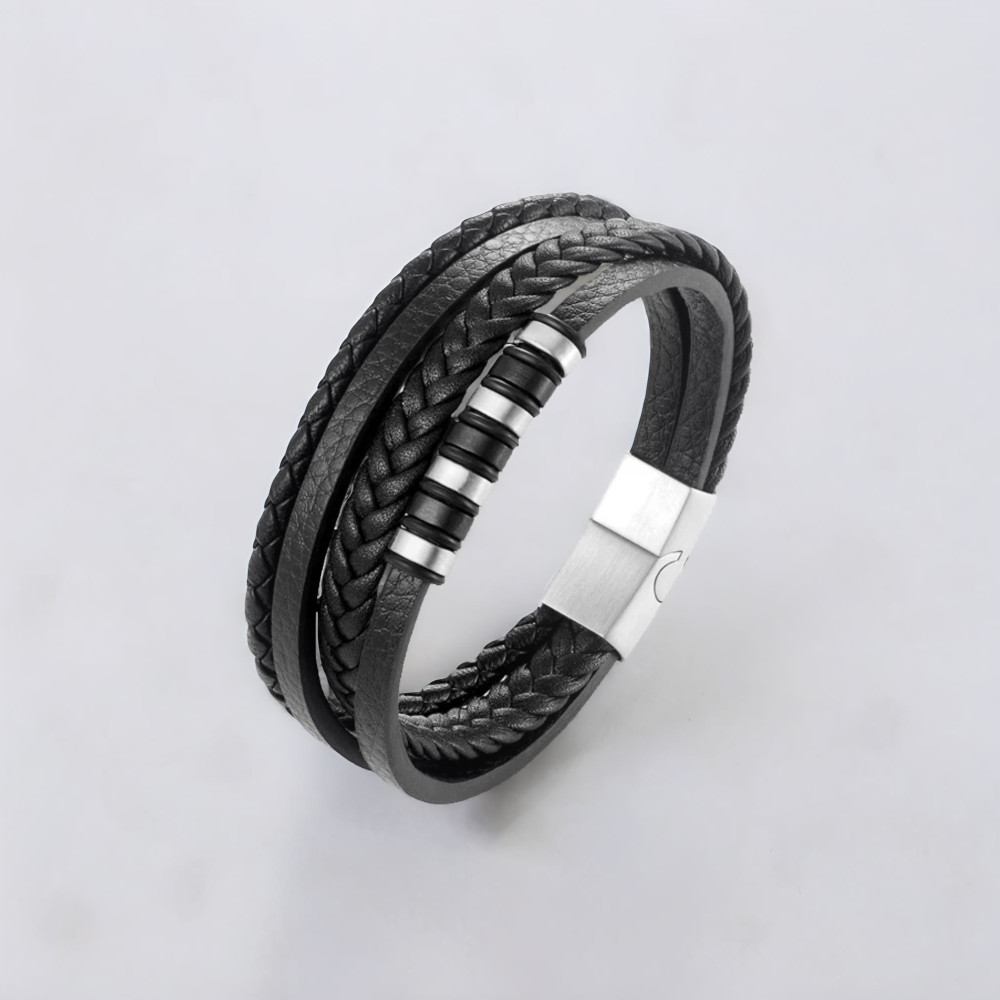 Bracelet cuir noir cordons fermoir acier aimante