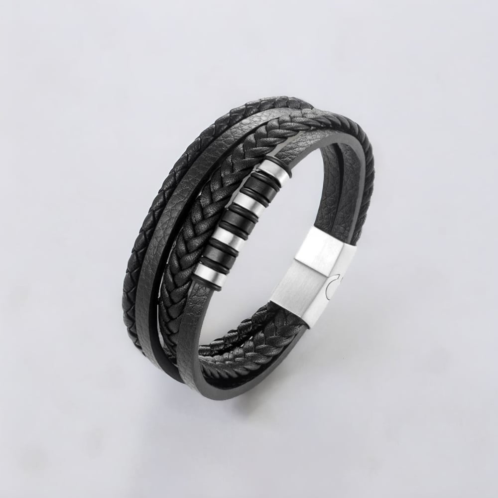 Bracelet cuir noir cordons fermoir acier aimante