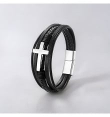 Bracciale da uomo in pelle nera con cordini multipli incrociati