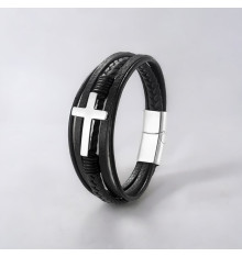 Pulsera de hombre de cuero negro con múltiples cordones cruzados