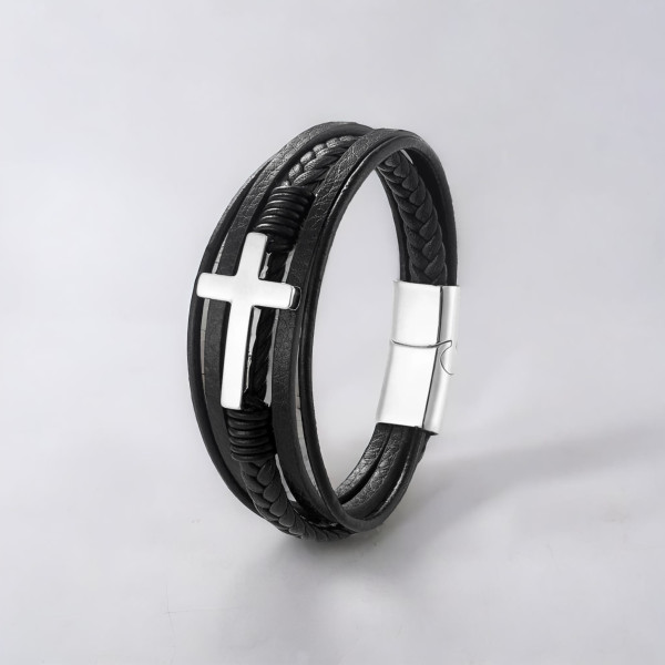 Bracelet homme cuir noir multi cordons croix