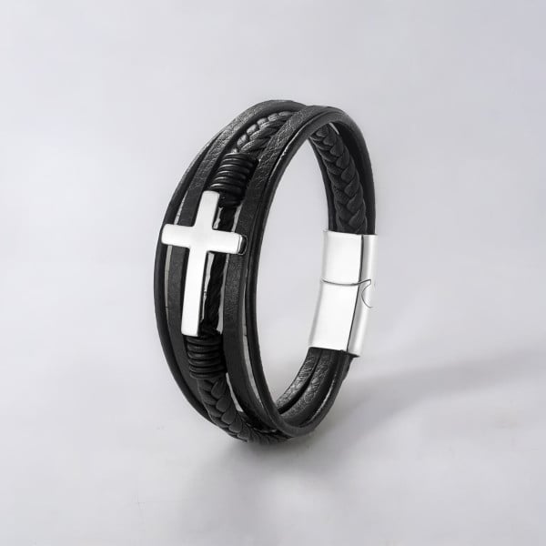 Bracelet homme cuir noir multi cordons croix