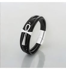 Black leather bracelet with multiple cords and an anviled cross