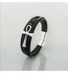 Schwarzes Lederarmband mit mehreren Kreuzschnüren