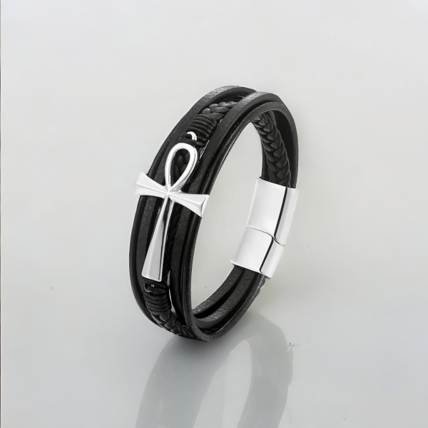 Bracelet cuir noir multi cordons croix ansée