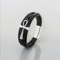 Bracelet cuir noir multi cordons croix ansée