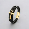 Bracelet cuir noir multi cordons croix ansée