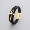 Bracelet cuir noir multi cordons croix ansée